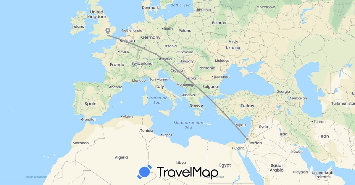 TravelMap itinerary: driving, plane in Germany, United Kingdom, Israel (Asia, Europe)